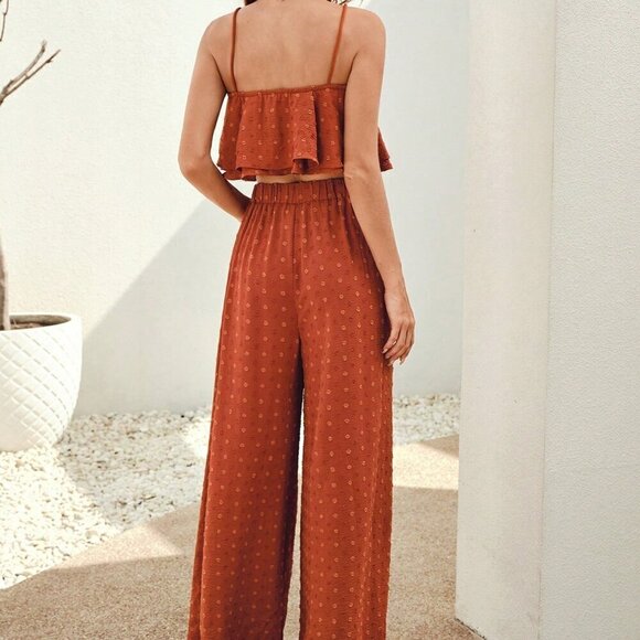 Burnt Orange Casual Women's Swiss Dot Cami Top & Wide Leg Pants - Picture 2 of 5